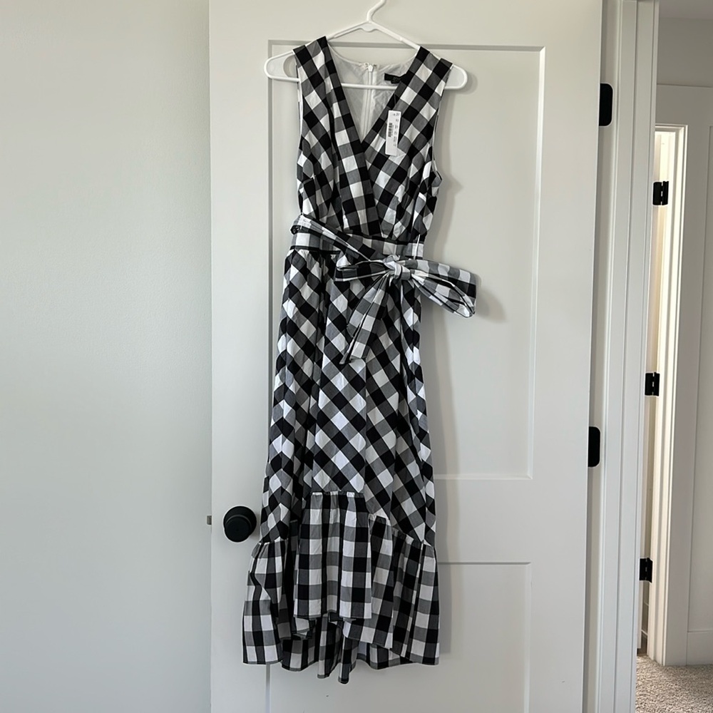 Sleeveless faux-wrap dress in gingham cotton poplin